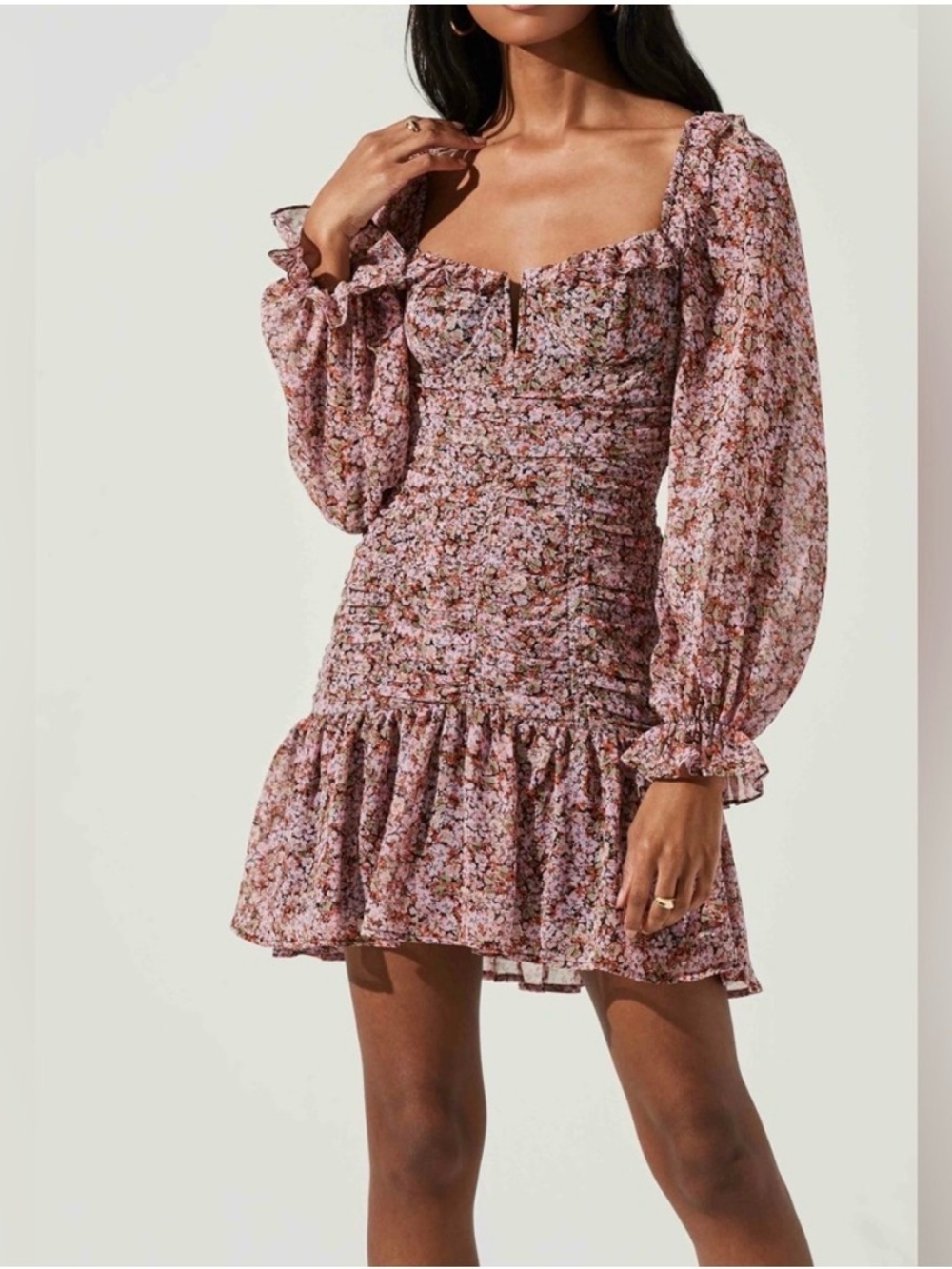 Astr The Label Carmella Sweetheart Ruched Long Sleeve Mini Dress Black Pink M
